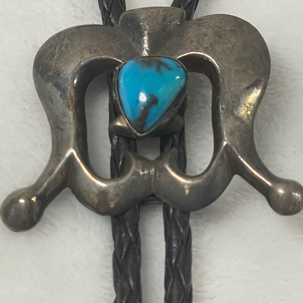 Vintage Sterling Silver Turquoise Bolo Tie Southwestern Braided Leather Scroll